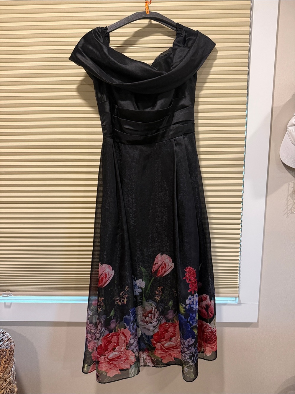 Black Off-Shoulder Midi Dress with Floral Hem